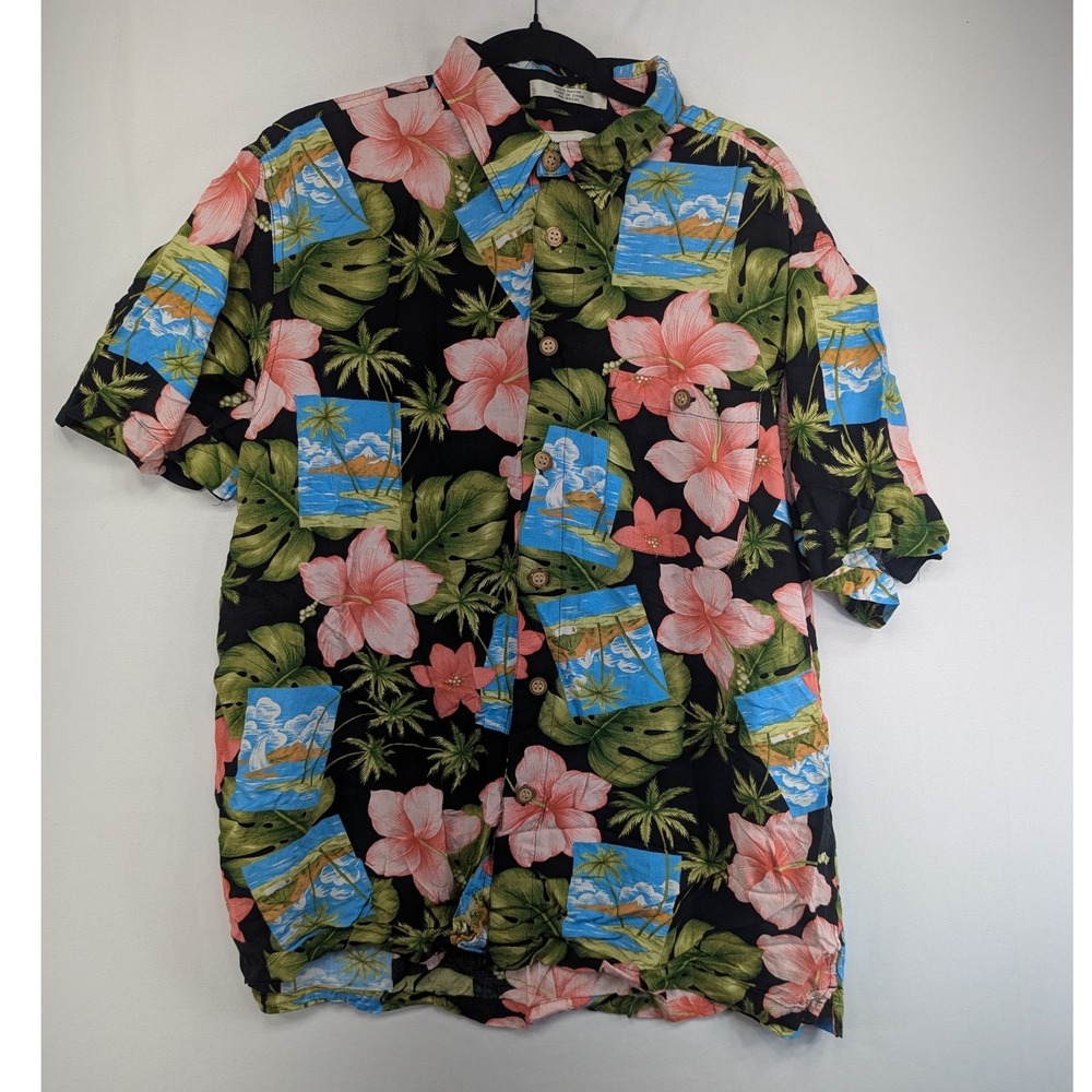 M.E. Sport Mens XL Hawaiian Shirt Black Rayon Tropical Hibiscus Postcard Print